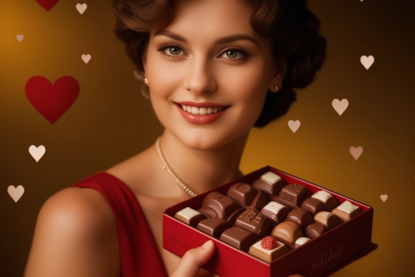 a woman holding a box of chocolates