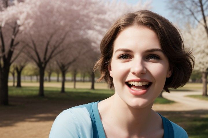 a woman smiling in front of trees